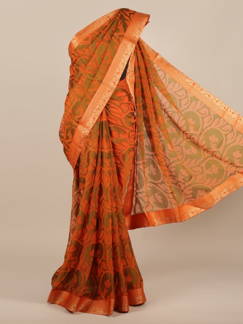 Pothys Orange & Green Poly Chiffon Printed Saree