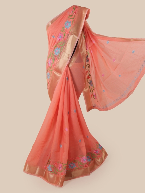 Pothys Peach-Coloured Embroidered Chanderi Saree