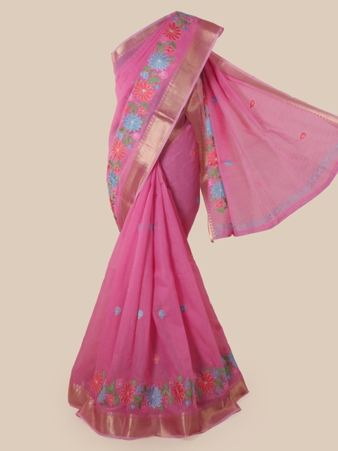 Pothys Pink Cotton Blend Embroidered Chanderi Saree
