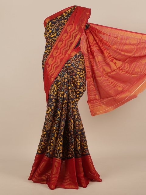 Pothys Navy Blue & Red Jute Silk Printed Saree