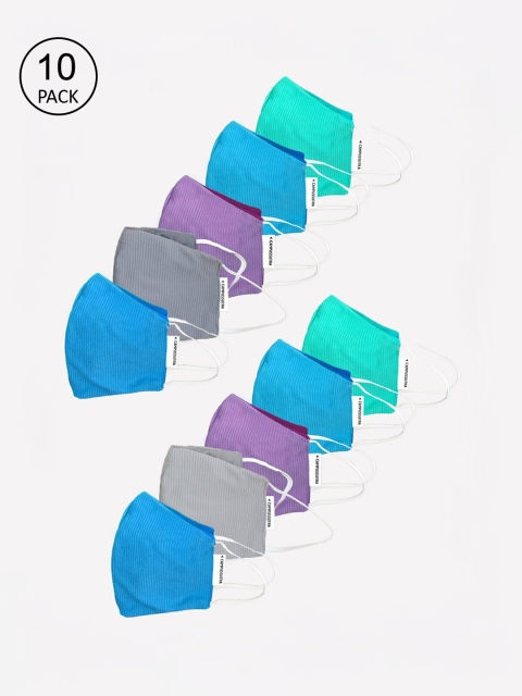 Campus Sutra Pack Of 10 2-Ply Striped Anti-Microbial Reusable Cloth Masks, Blue