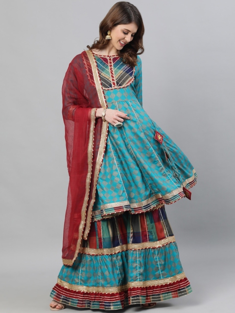 Ishin Women Blue & Maroon Printed Kurta with Sharara & Dupatta