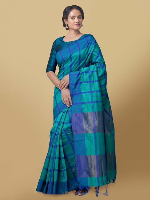 Unnati Silks Green & Blue Art Silk Checked Patola Saree
