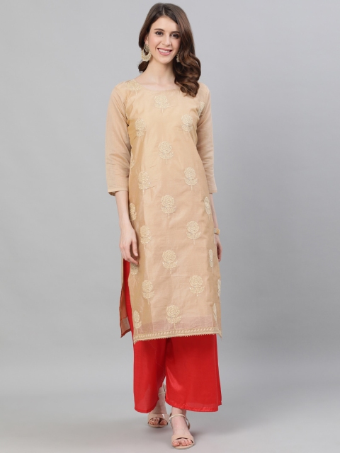 Ishin Women Beige & Red Embroidered Kurta with Palazzos