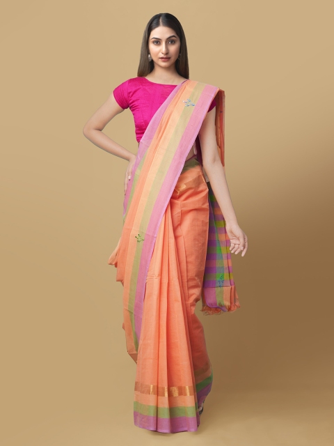 Unnati Silks Orange Pure Cotton Solid Mangalagiri Saree