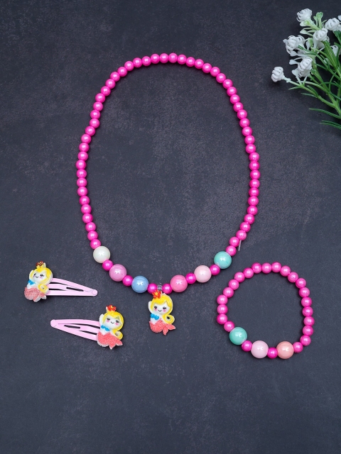 Golden Peacock Girls Pink & Red Beaded Stretchable Handcrafted Jewellery Set