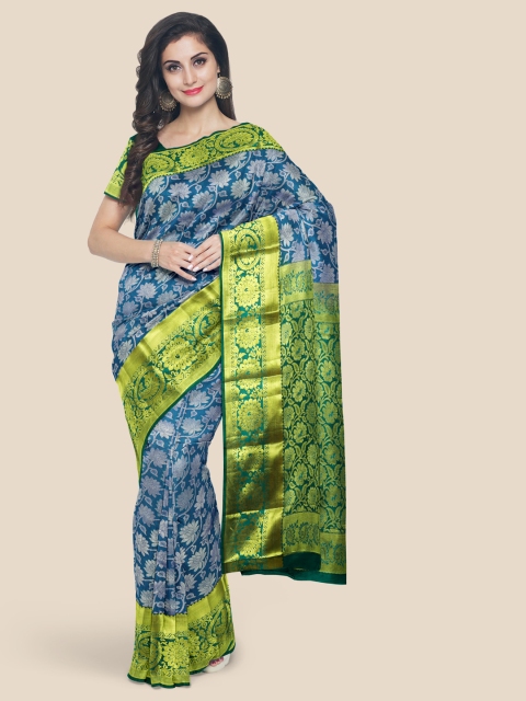 Kalamandir Blue & Green Silk Blend Printed Kanjeevaram Saree