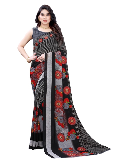 KALINI Black & Grey Pure Georgette Printed Saree
