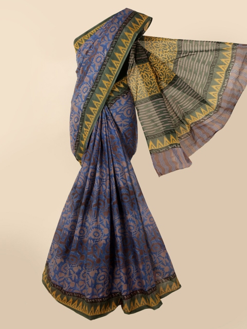 Pothys Blue & Green Pure Cotton Printed Saree