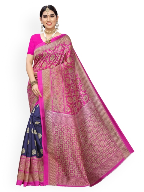 KALINI Pink & Navy Blue Poly Silk Printed Handloom Pochampally Saree