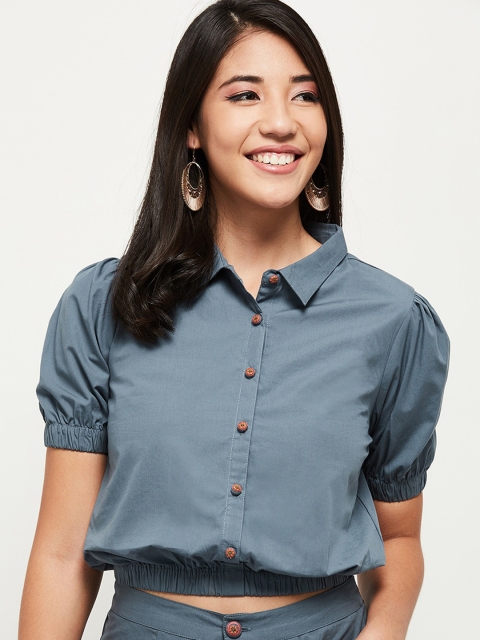 max Blue Shirt Style Crop Top