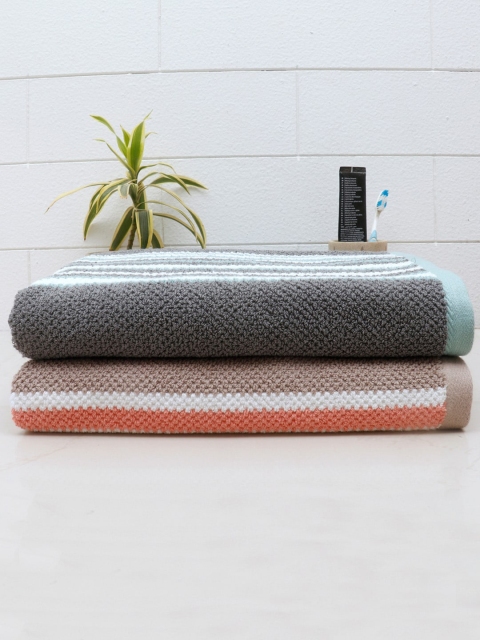 AVI Living Set Of 2 Striped 550 GSM Cotton Bath Towels, Orange