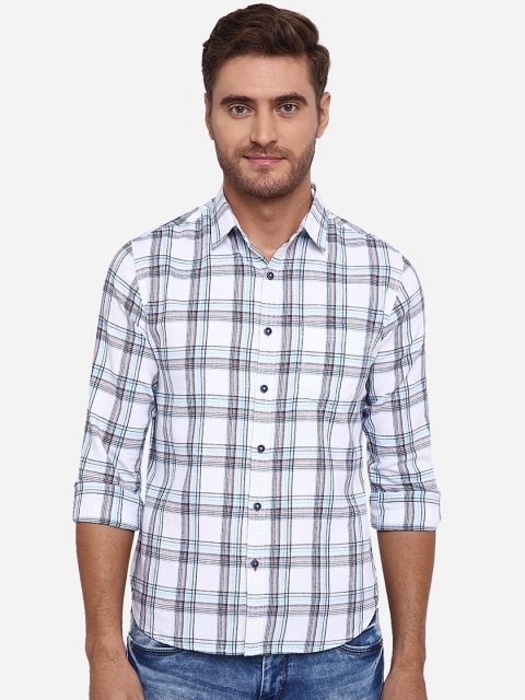 Greenfibre Men White & Blue Slim Fit Checked Cotton Casual Shirt