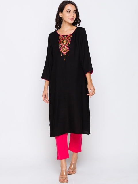 Globus Women Black Ethnic Motifs Yoke Design Kurta