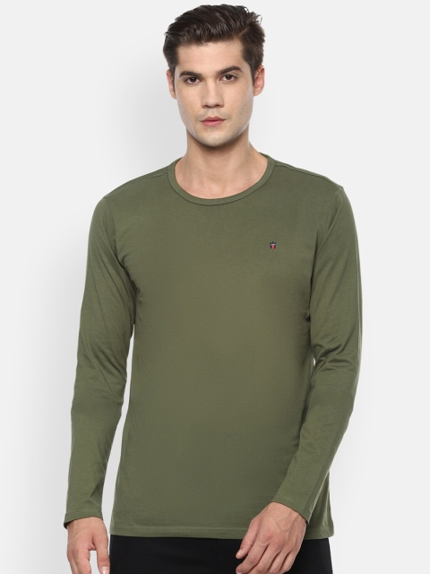 Louis Philippe Jeans Men Olive Green Solid Round Neck T-shirt