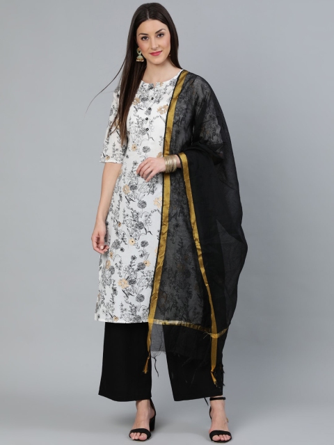 Nayo Women Off-White Printed Straight Kurta With Plazzo & Dupatta