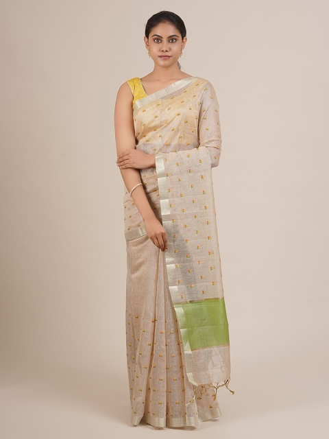 Pothys Beige & Green Cotton Blend Embroidered Saree