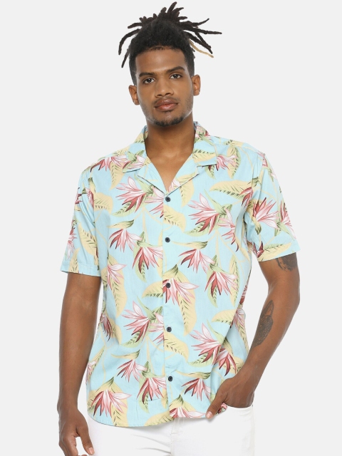 Campus Sutra Men Turquoise Blue & Beige Regular Fit Printed Casual Shirt