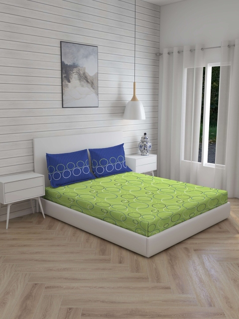 Layers Green & Blue Geometric 104 TC Cotton 1 Queen Bedsheet with 2 Pillow Covers