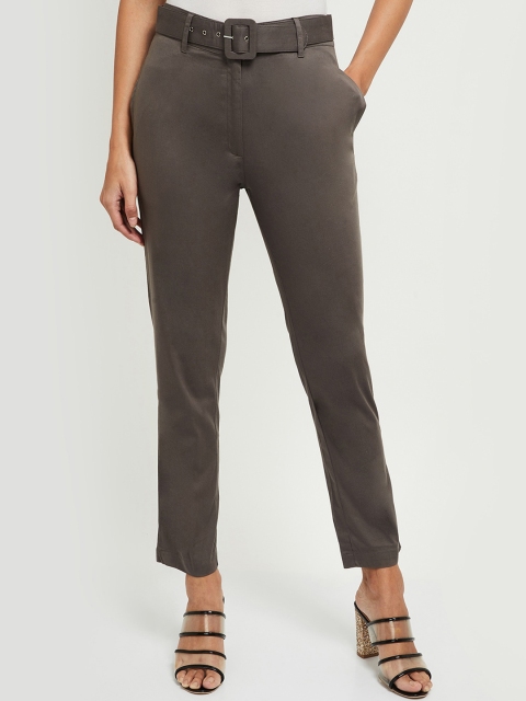 max Women Charcoal Grey Solid Regular Trousers & Belt