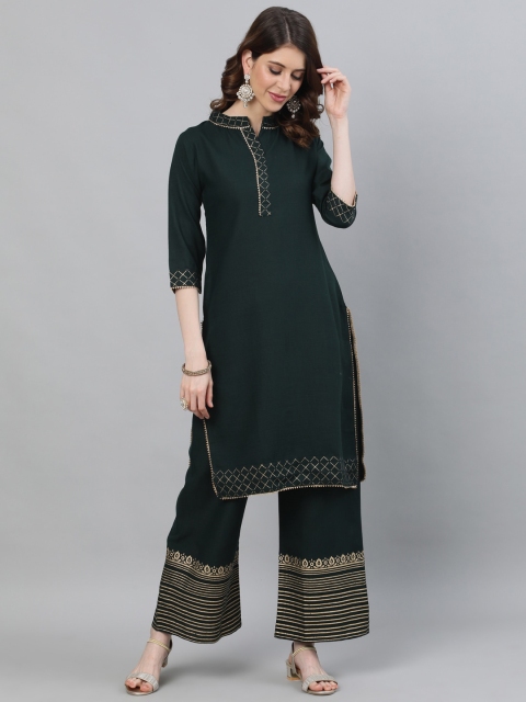 Ishin Women Green Printed With Gota Patti Kurta Palazzo Set.