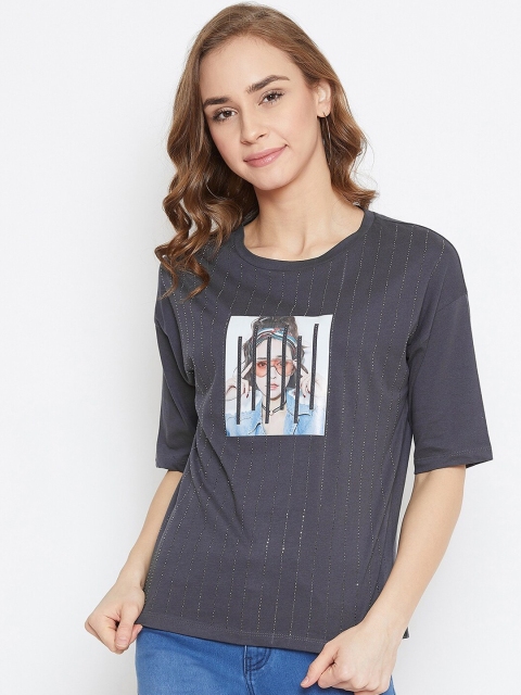 Madame Charcoal Grey & Off White Striped Regular Top