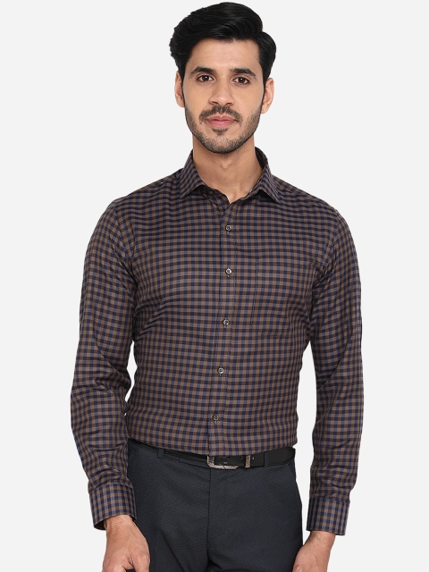 Greenfibre Men Brown & Navy Blue Slim Fit Checked Formal Shirt