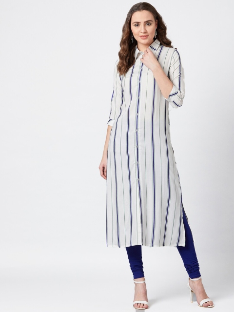 PANIT Women White & Blue Striped Kurta