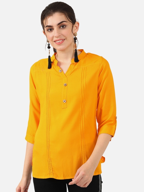 V2 Value & Variety Mustard Yellow Mandarin Collar Shirt Style Top