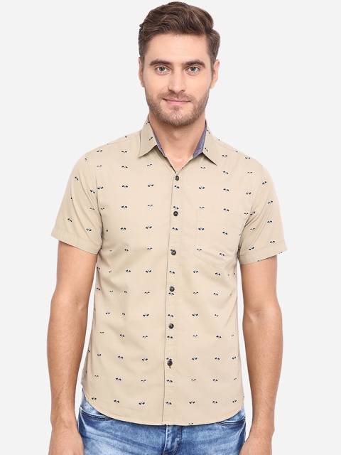Greenfibre Men Beige & Navy Blue Slim Fit Printed Cotton Casual Shirt