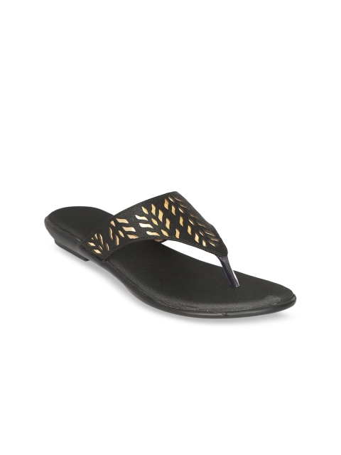 Zyla Women Black Textured T-Strap Flats