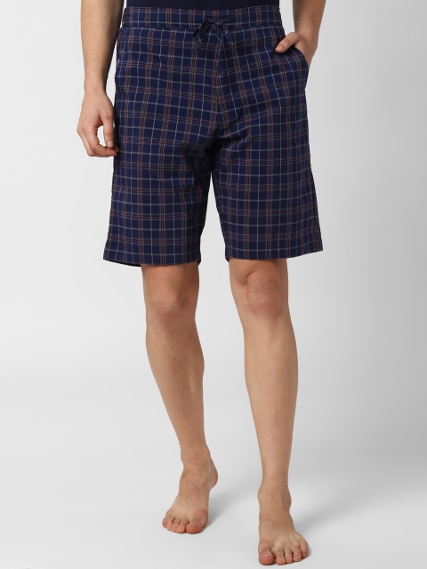 Peter England Men Navy Blue Checked Lounge Shorts