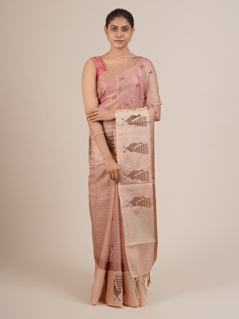 Pothys Pink Embroidered Supernet Saree With Tasseled Pallu