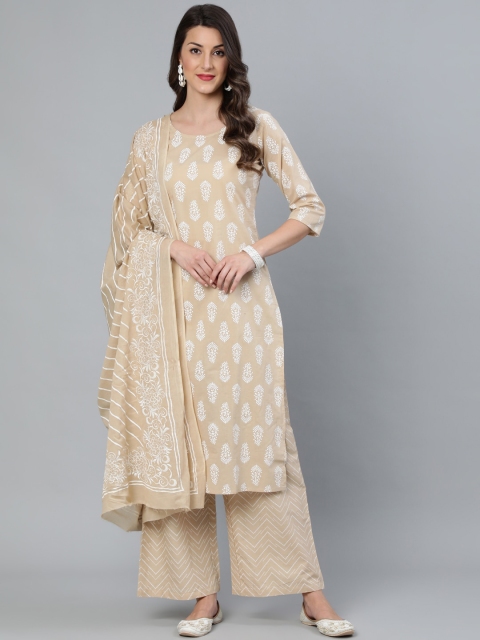 Nayo Women Beige Printed Straight Kurta With Plazo & Dupatta