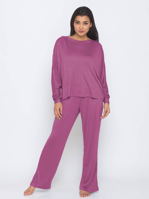 Nick&Jess Women Purple Solid Night suit