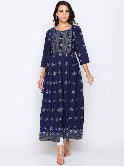 Globus Women Navy Blue Ethnic Motifs Printed Anarkali Kurta