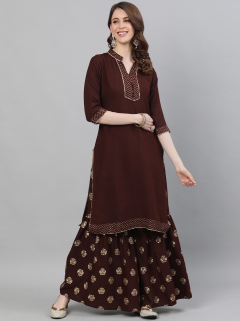Ishin Women Brown & Gold-Toned Solid Kurta with Sharara