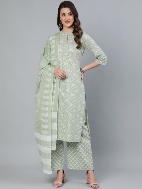 Nayo Women Green Floral Printed Straight Kurta With Plazo & Dupatta