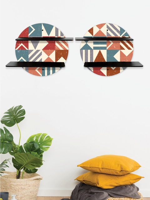 RANDOM Set Of 2 Cream-Coloured & Grey Geometric Printed MDF Basic Wall Shelves