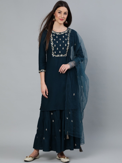 Nayo Women Teal Blue Gold Embroidered Straight Kurta With Tired Sharara & Organza Dupatta
Nayo Women Teal Blue Gold Embroidered Straight Kurta With Tired Sharara & Organza Dupatta