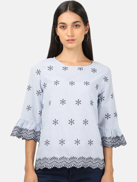 Monte Carlo Blue & White Embellished Striped Bell Sleeves Regular Top
