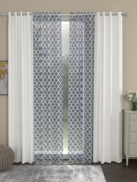 ROSARA HOME White & Grey Set of 4 Long Door Curtains