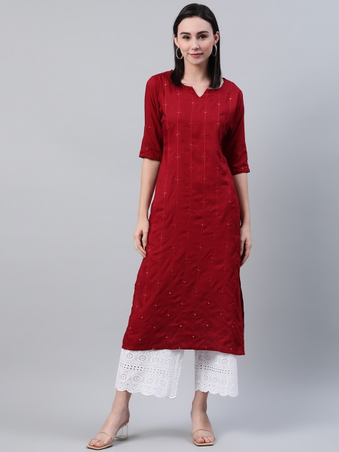 Libas Women Maroon Woven Design Thread Work Kurta