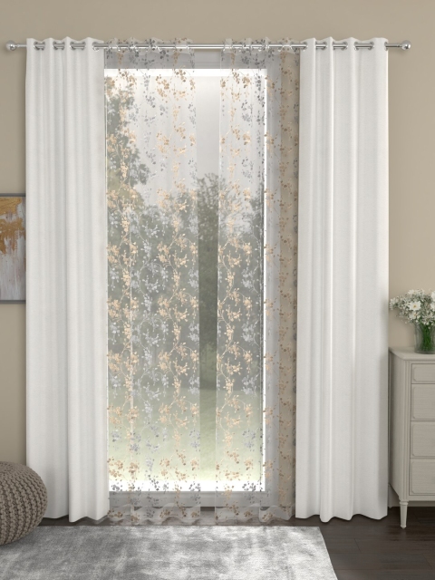 ROSARA HOME White & Beige Set of 4 Long Door Curtains
