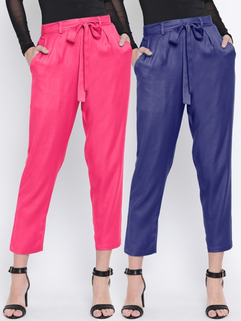 CHROME & CORAL Women Pack of 2 Navy Blue & Pink Tapered Fit Solid Peg Trousers