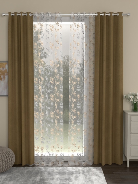 ROSARA HOME Beige & White Set of 4 Regular & Sheer Velvet Door Curtains