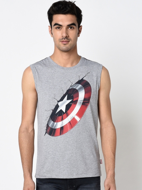 Octave Men Grey Captain America Printed Round Neck Cotton T-shirt