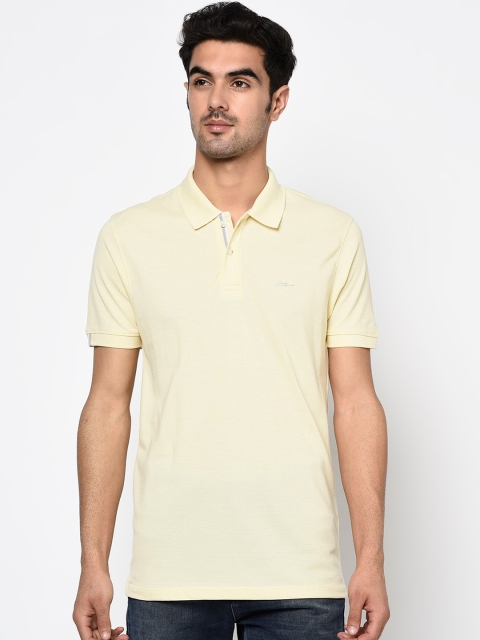 Octave Men Yellow Solid Polo Collar Cotton T-shirt
