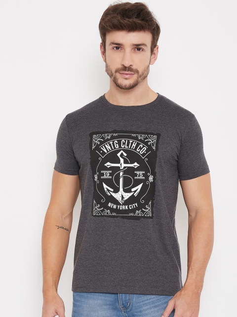 Bishop Cotton Men Charcoal Grey Printed Round Neck T-shirt
