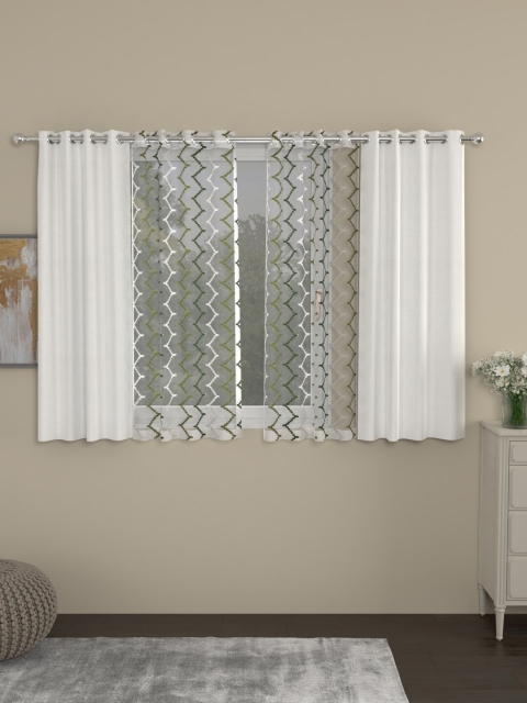 ROSARA HOME White & Olive Green Set of 4 Window Curtains
